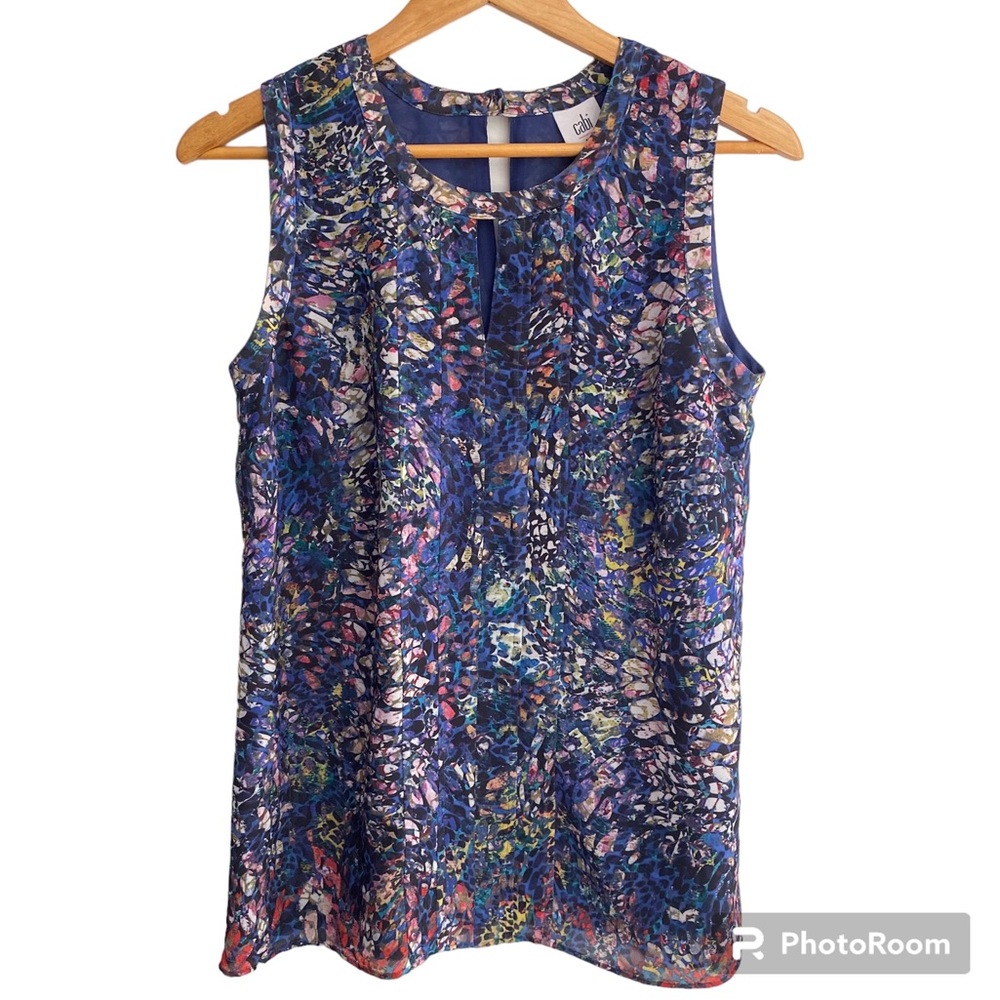 CAbi #3093 Stained Glass Sleeveless Blouse Blue Multi Size SMALL